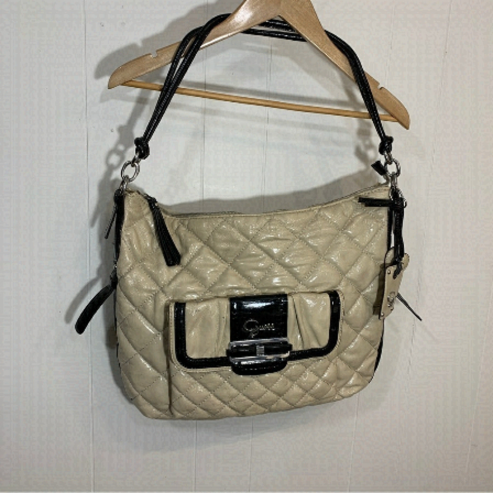 GUESS Large Cream And Black Quilted Satchel
